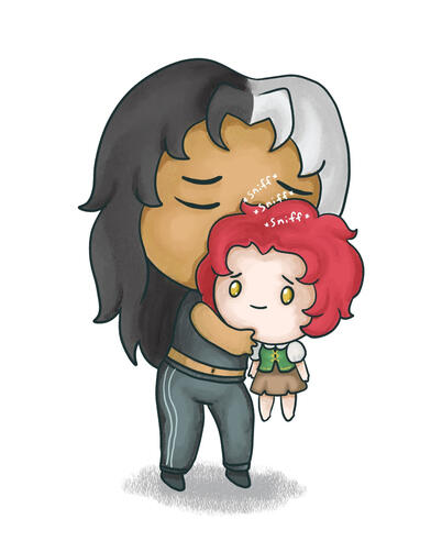 Werewolf woman holding and sniffing emotional support girlfriend.