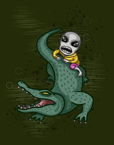 Grey alien fighting an alligator underwater Grey alien fighting an alligator underwater