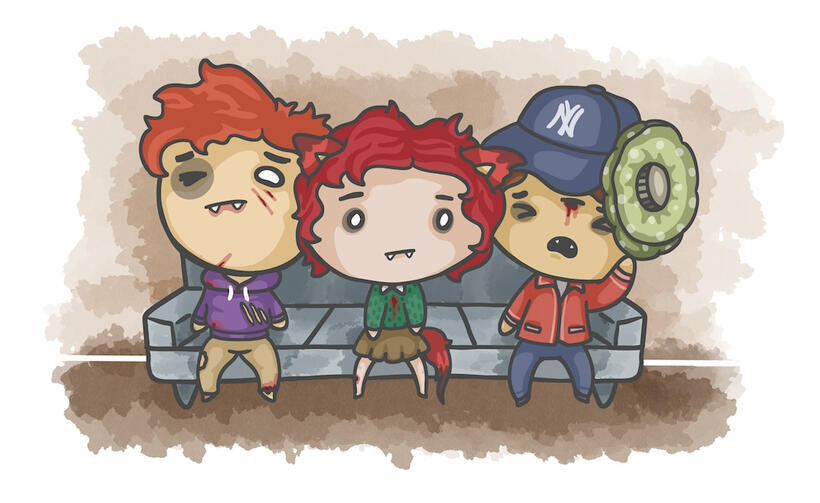 Three vampires on a couch after a rough night