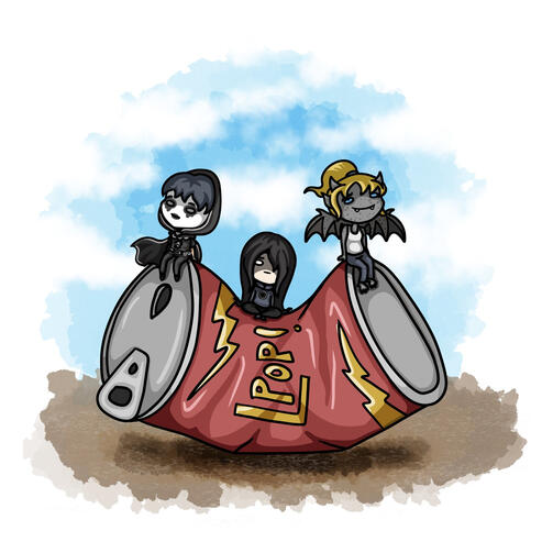 Superhero teens sitting on an enlarged soda can