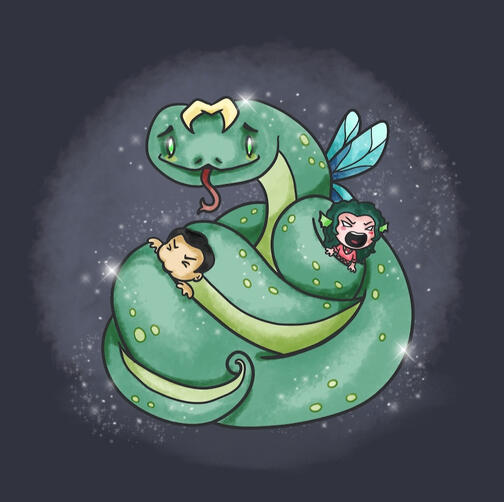 Adventure party entangled in a large snake Adventure party entangled in a large snake