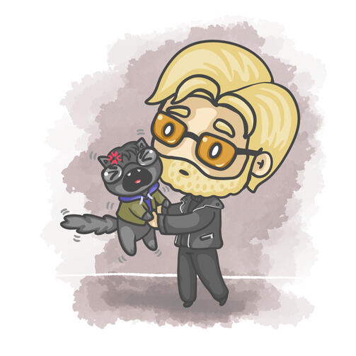 Smooth guy holding angry cat